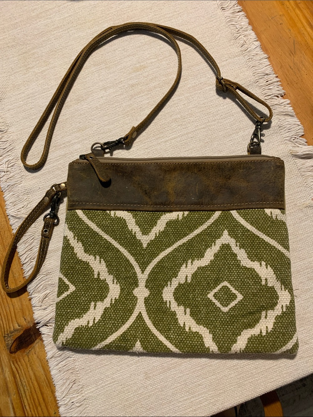 Myra Bag Crossbody purse Olive Green Design w/Brown Leather